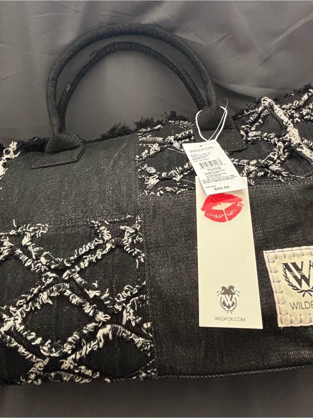 Wildfox Black Tweed Denim Patchwork Tote with White Fringe Accents